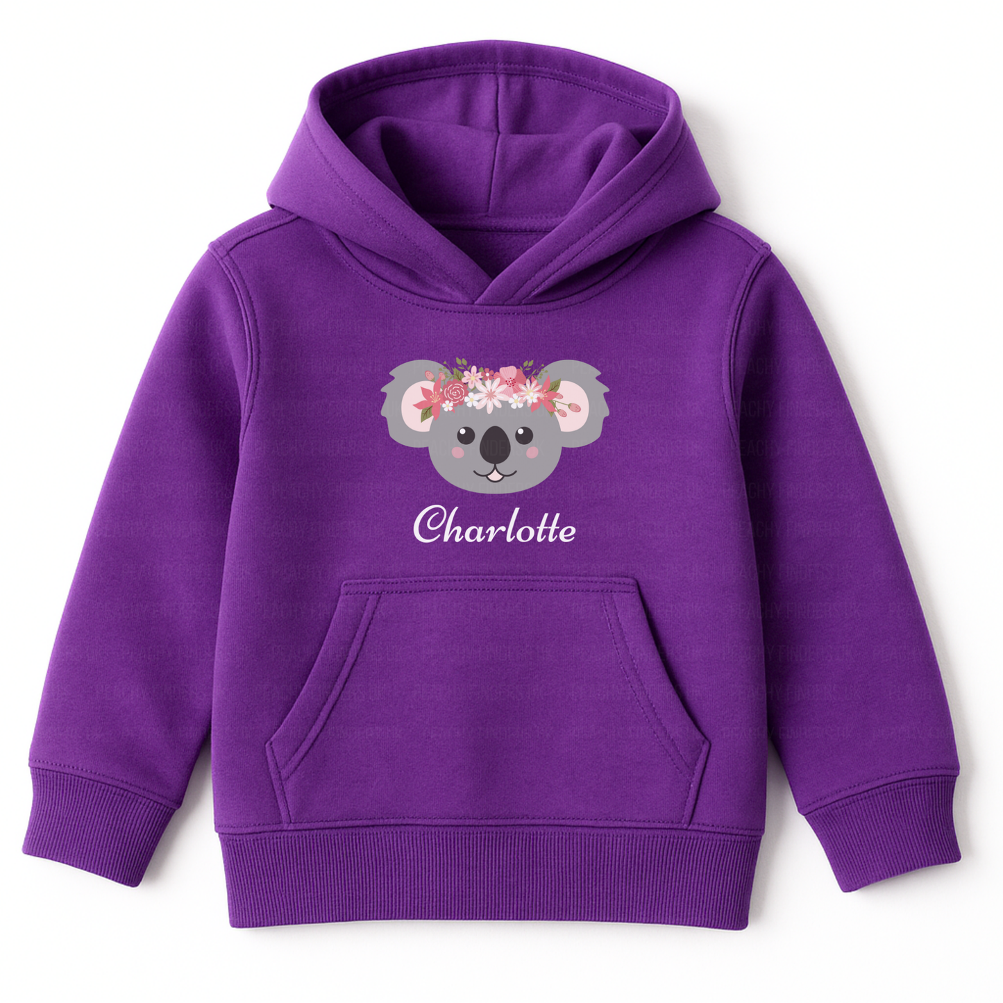 Purple girls personalised hoodie featuring a cute koala face wearing a floral crown with pink and white flowers, customised with the name.