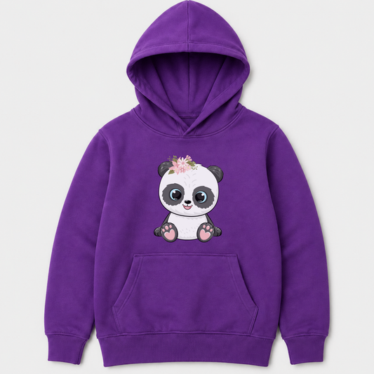 Purple girls’ pullover hoodie with a seated panda wearing a pink flower crown and heart-shaped paw pads.