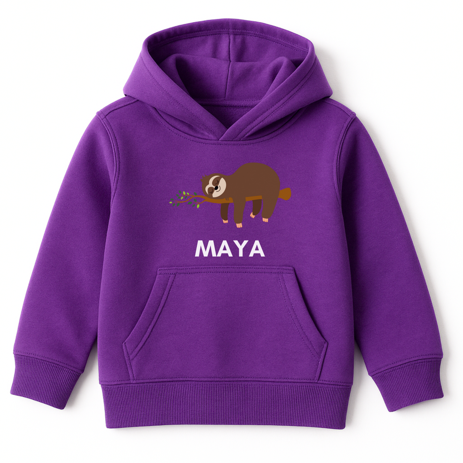Girls custom name sloth hoodie in purple with sleeping sloth design and girls name
