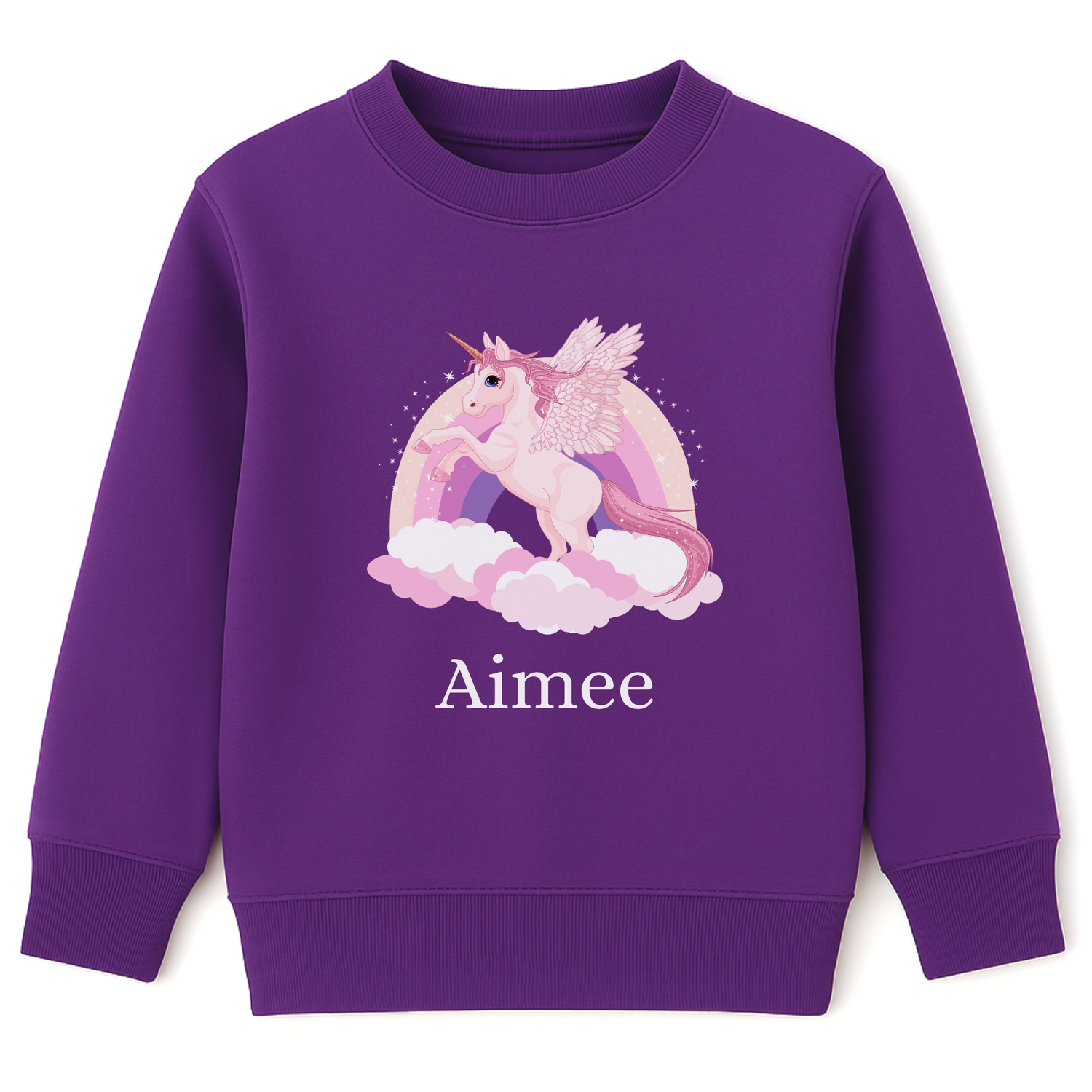 Girls purple sweatshirt featuring a pink unicorn with wings standing on fluffy clouds in front of a pastel rainbow. The design includes the custom name “Aimee” printed below the illustration.