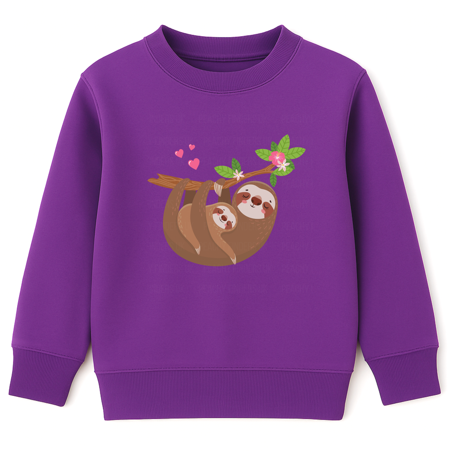 Purple girls sweatshirt featuring a cute sloth cuddling a baby sloth on a branch with flowers and hearts.