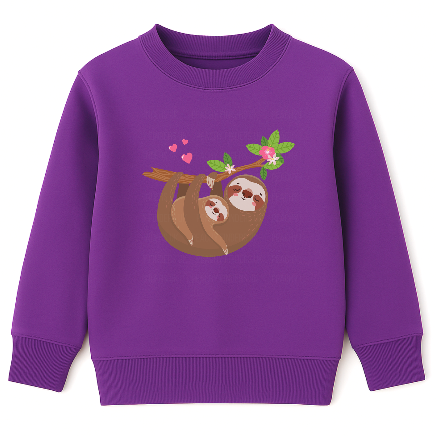 Purple girls sweatshirt featuring a cute sloth cuddling a baby sloth on a branch with flowers and hearts.