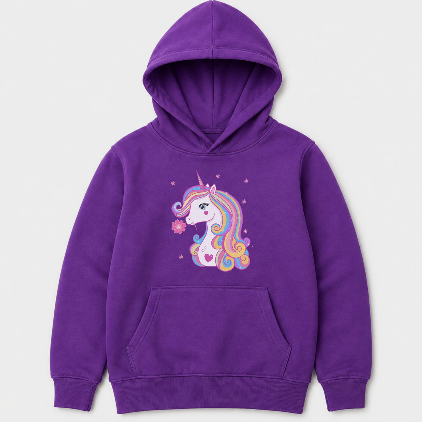 Purple girls’ pullover hoodie featuring a white unicorn with a colourful mane, pink hearts and small flowers.