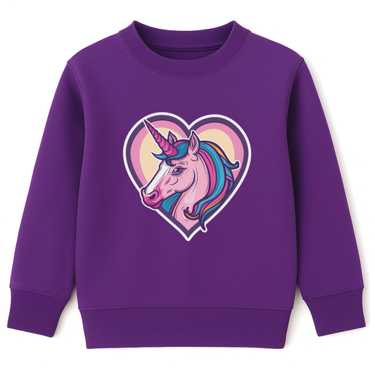 Purple kids sweatshirt featuring a colourful unicorn inside a pink and yellow heart.