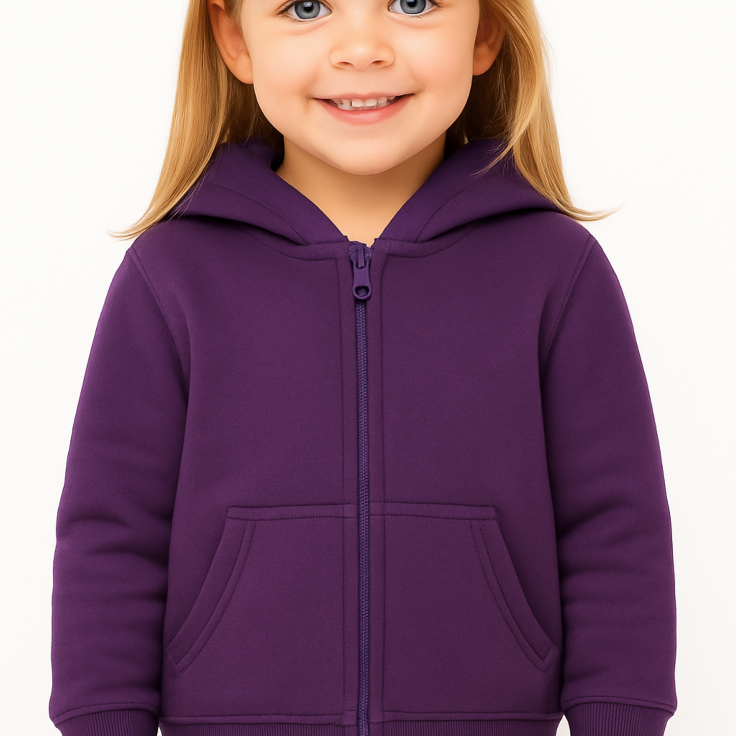 Child wearing a purple hoodie on a white background