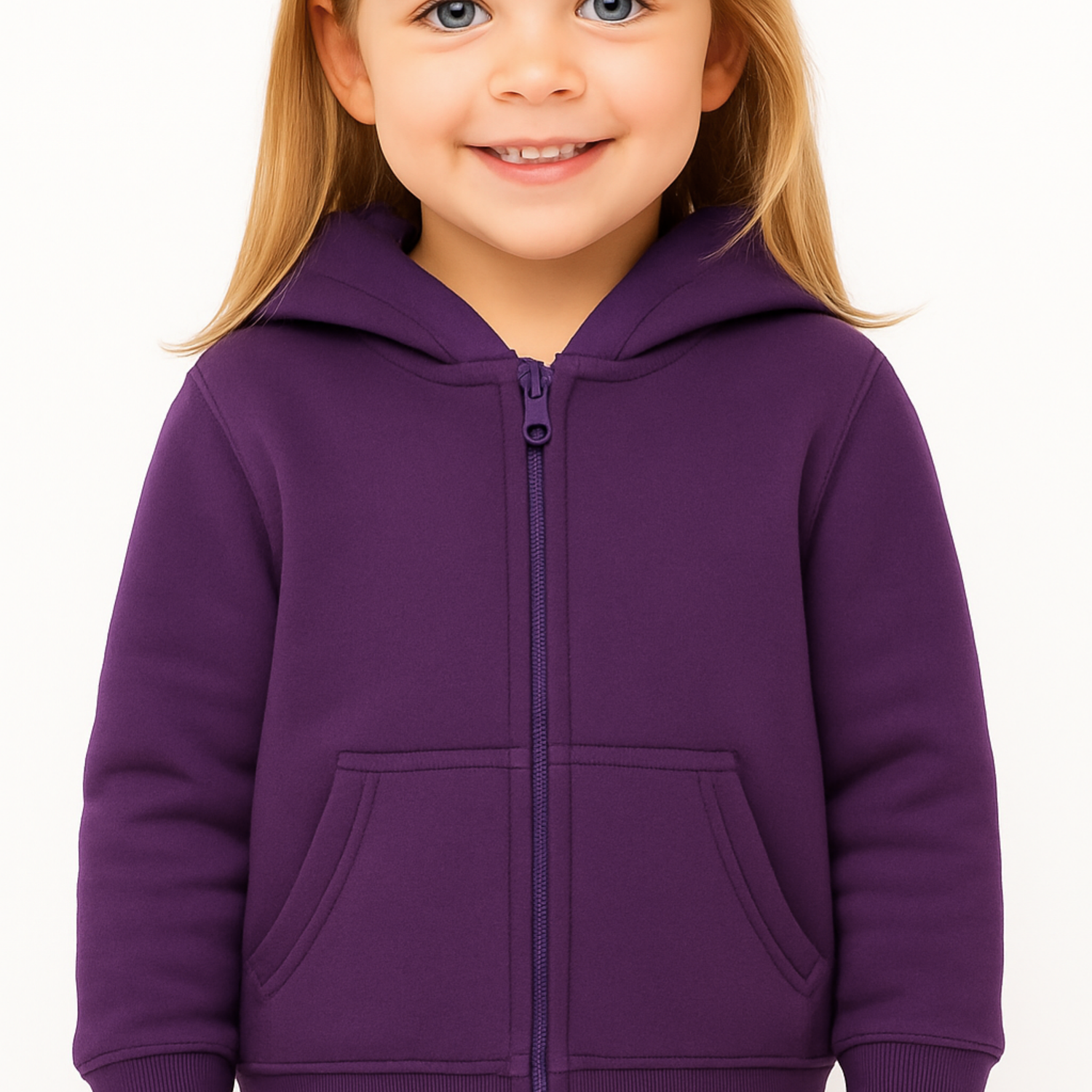 Child wearing a purple hoodie on a white background
