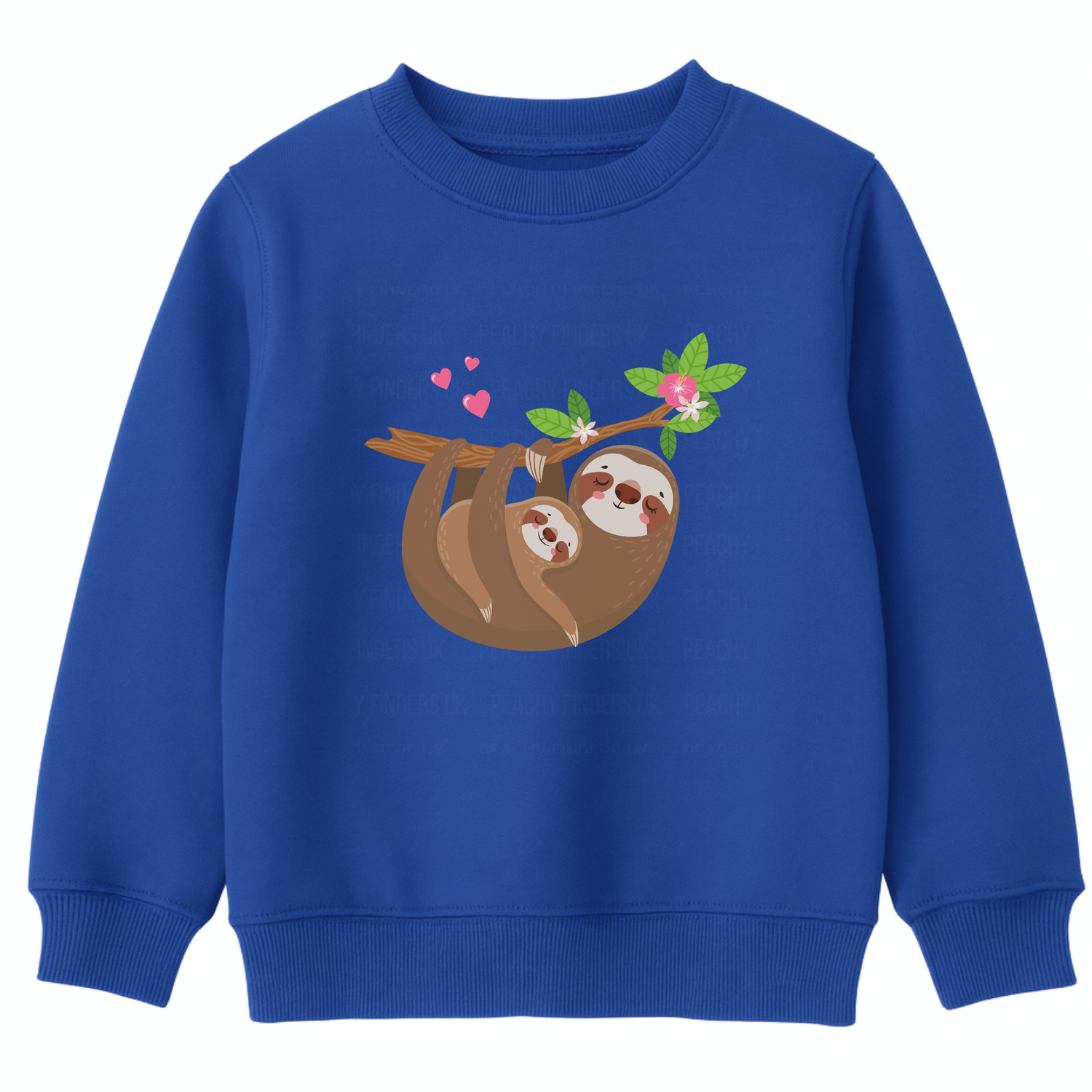 Royal blue girls sweatshirt featuring a cute sloth cuddling a baby sloth on a branch with flowers and hearts.