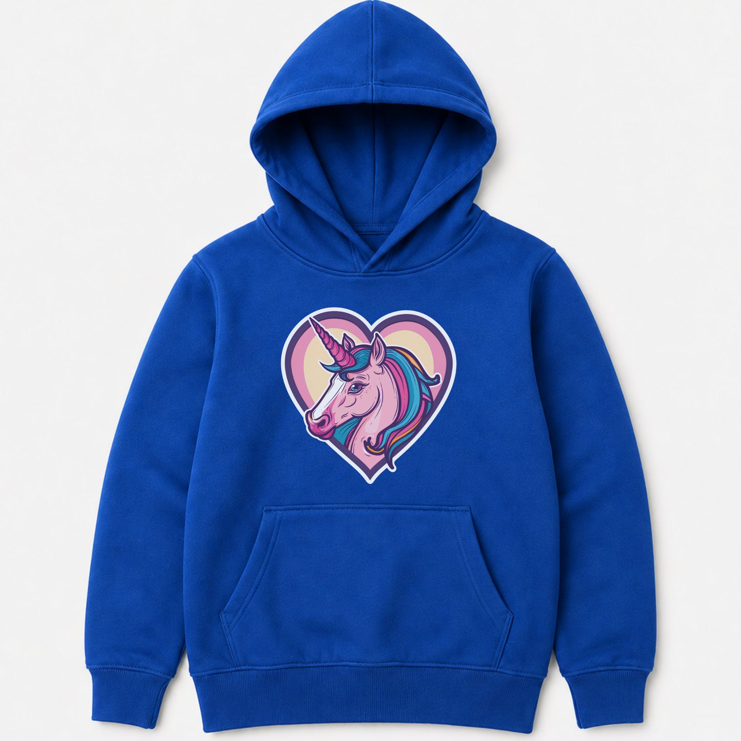 A royal blue kids pullover hoodie featuring a colourful graphic of a unicorn inside a heart on the chest, displayed against a light grey background.