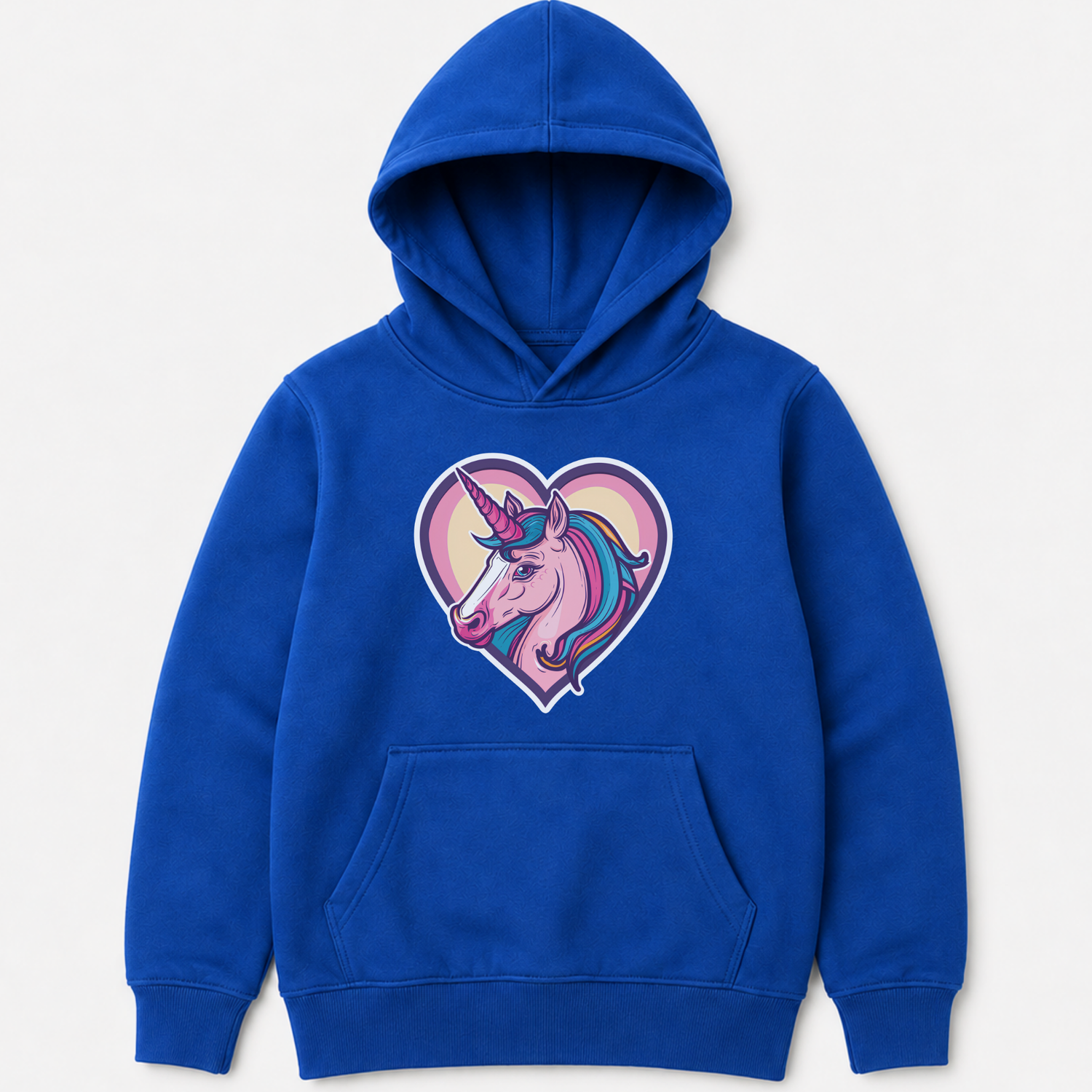 A royal blue kids pullover hoodie featuring a colourful graphic of a unicorn inside a heart on the chest, displayed against a light grey background.