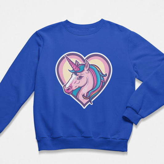 A girls royal blue crewneck sweatshirt featuring a colourful graphic of a unicorn head inside a heart outline on the chest, displayed on a clean white background.