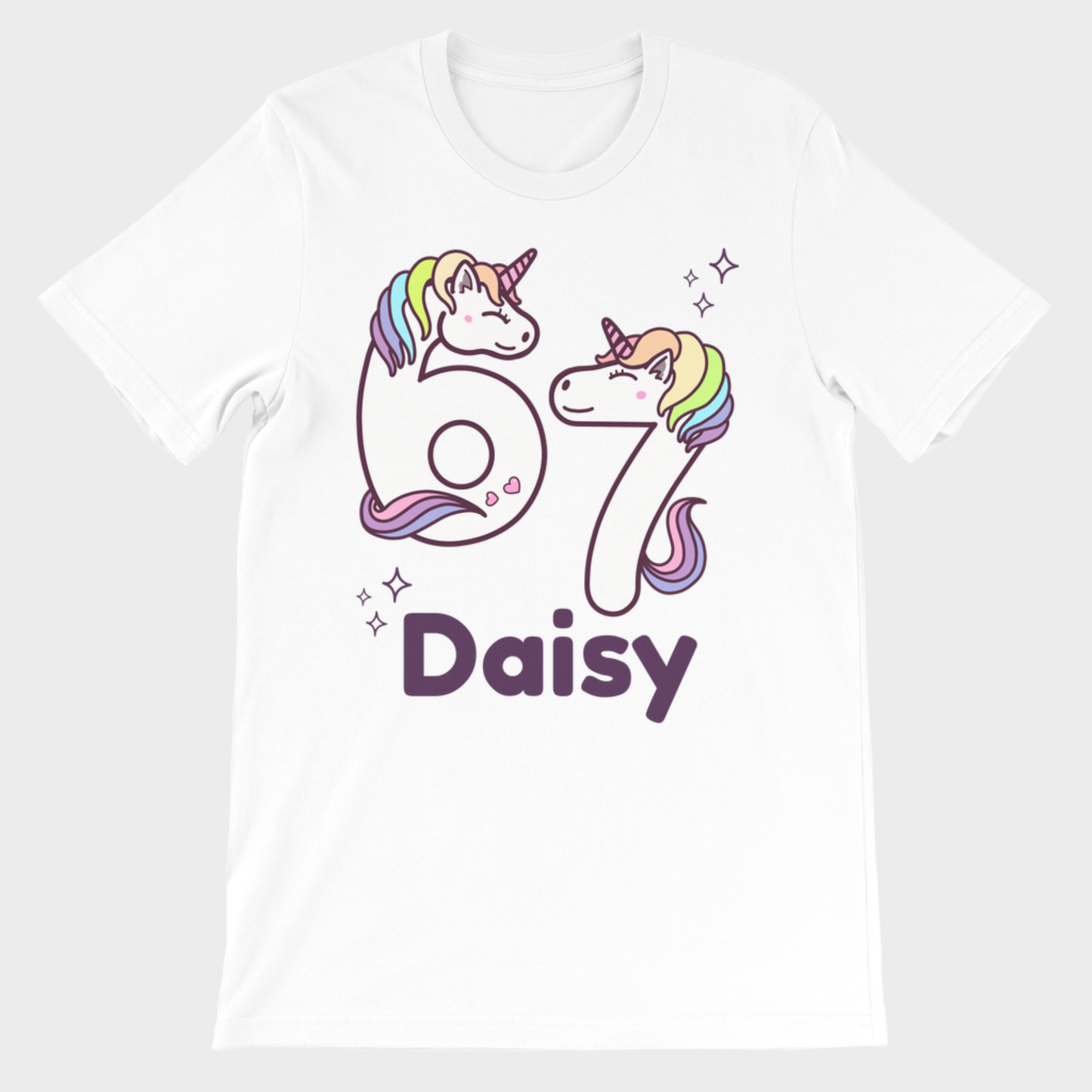 Girls personalised Six Seven unicorn numbers t-shirt with custom name Daisy flat lay product photo