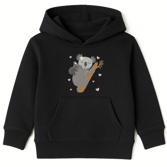 Kids black hoodie featuring an adorable illustration of a sleeping mother koala cuddling her baby on a tree branch, surrounded by small pink hearts.