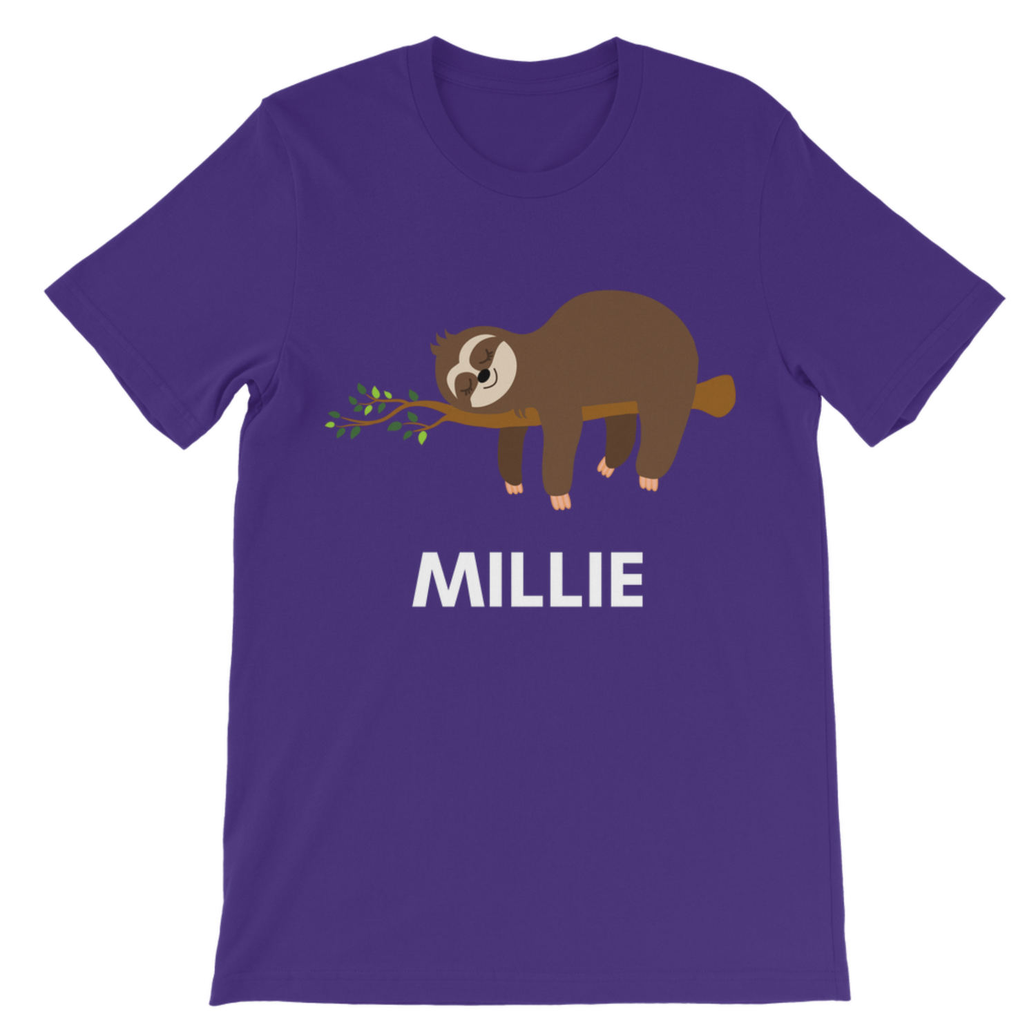 Purple personalised kids sloth T-shirt with custom name Millie and cute sleeping sloth graphic