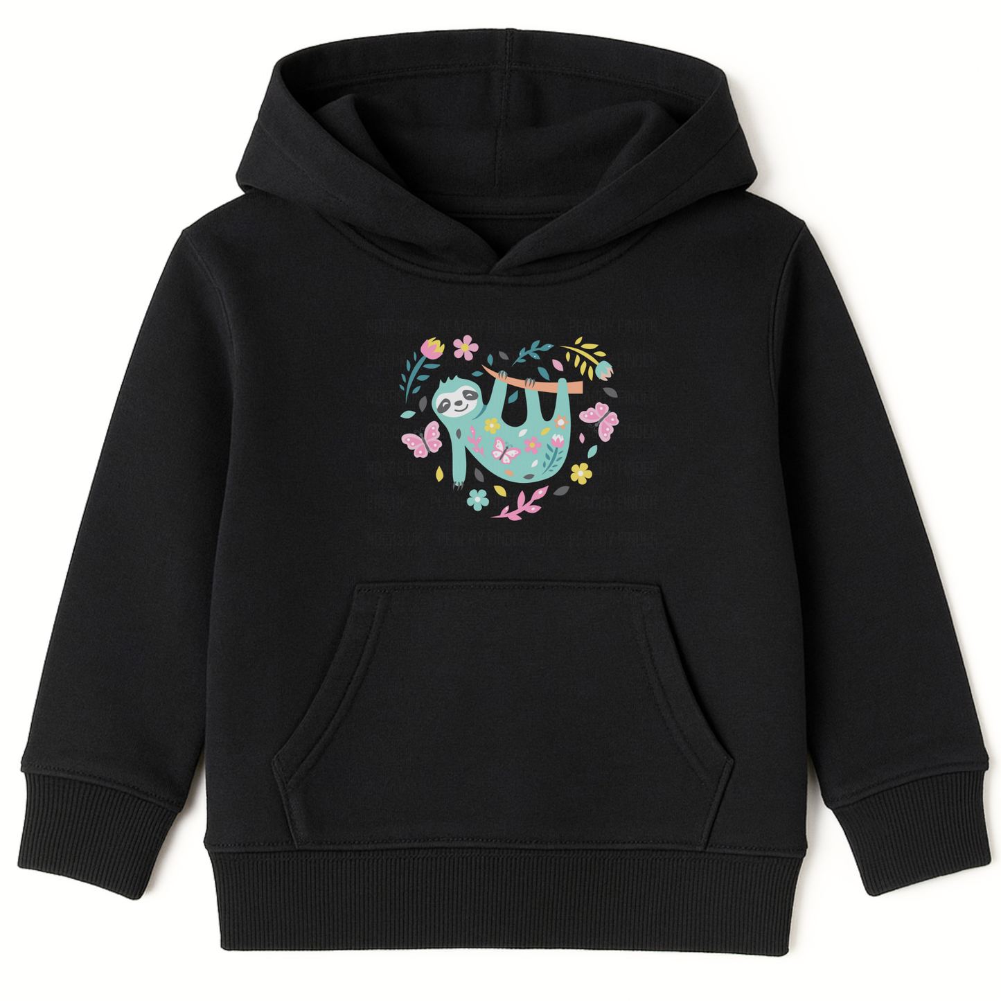 Kids black hoodie with a cute sloth hanging from a floral branch surrounded by butterflies and flowers forming a heart shape.