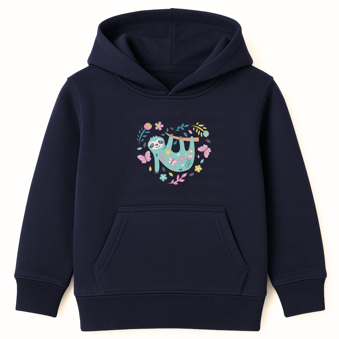 Kids navy hoodie with a cute sloth hanging from a floral branch surrounded by butterflies and flowers forming a heart shape.
