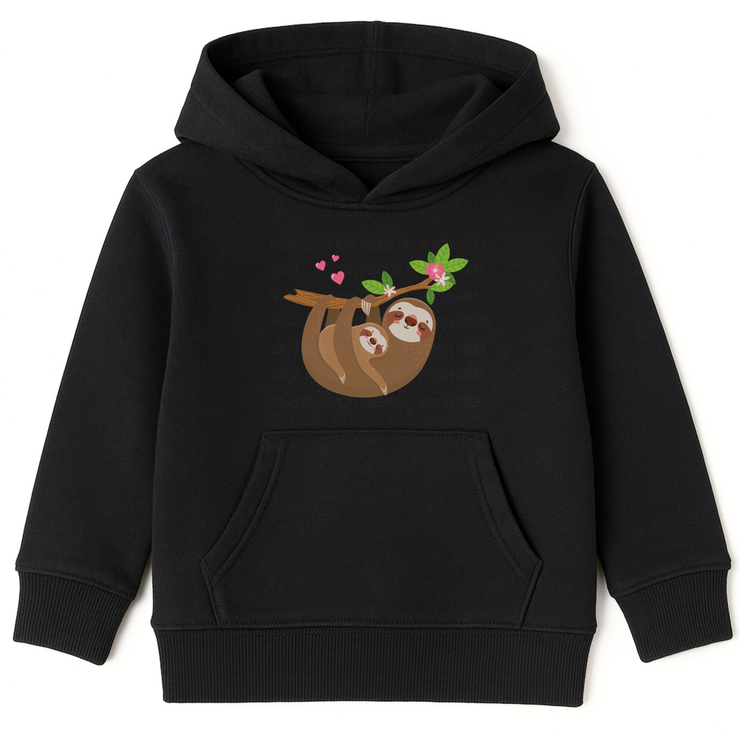 Girls black hoodie with two cute sloths cuddling hanging from a branch surrounded by pink hearts and flowers.