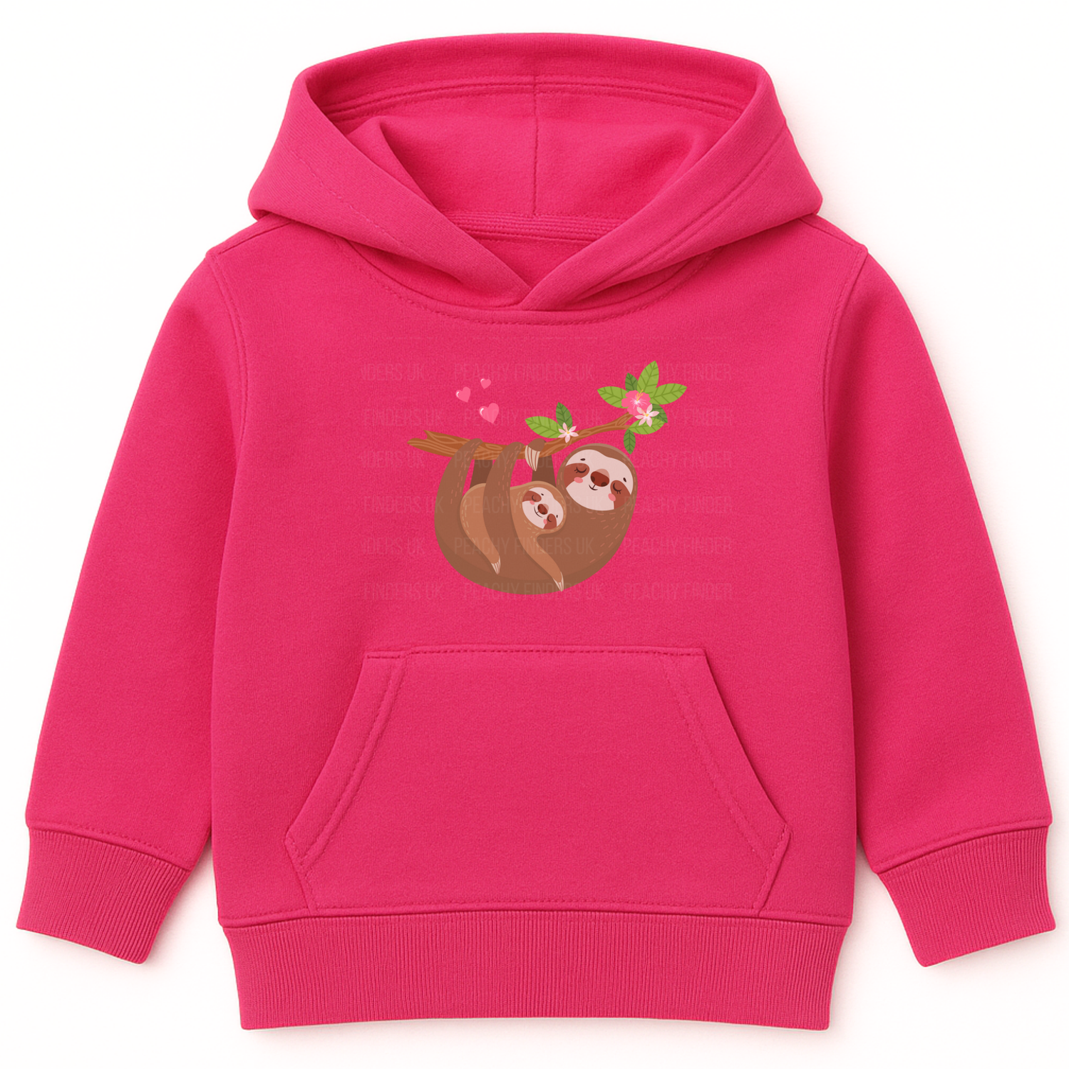 Girls hot pink hoodie with two cute sloths cuddling hanging from a branch surrounded by pink hearts and flowers.