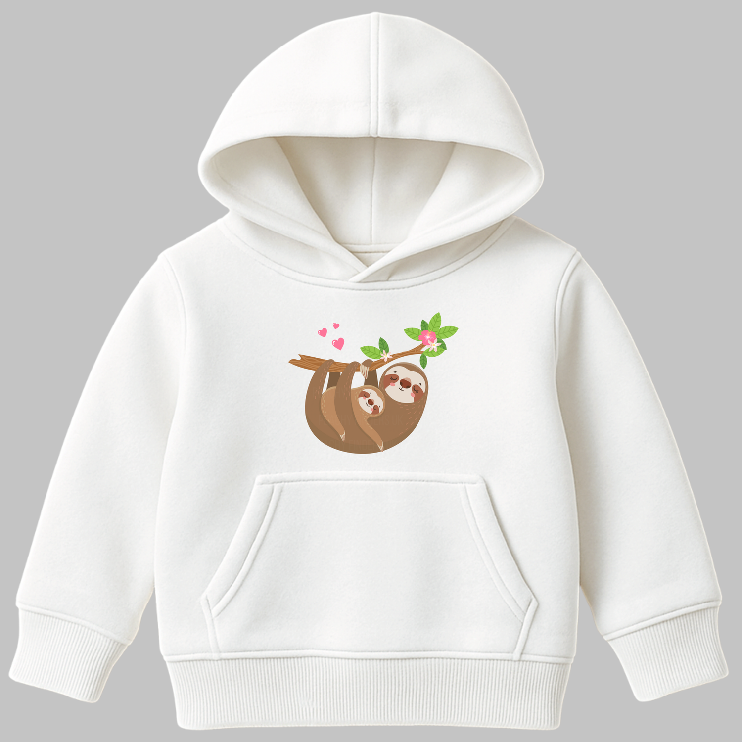 Girls white hoodie with two cute sloths cuddling hanging from a branch surrounded by pink hearts and flowers.