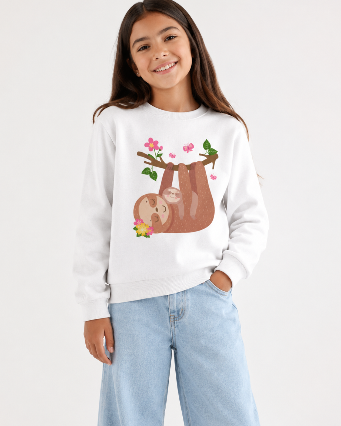 11-year-old girl wearing a white sloth sweatshirt featuring a mother and baby sloth hanging from a branch with pink flowers, green leaves and butterflies, styled with light blue wide-leg jeans