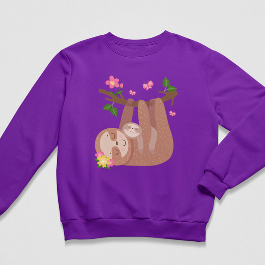 Girls purple sweatshirt featuring mother and baby sloths hanging from a leafy branch with pink flowers and butterflies.