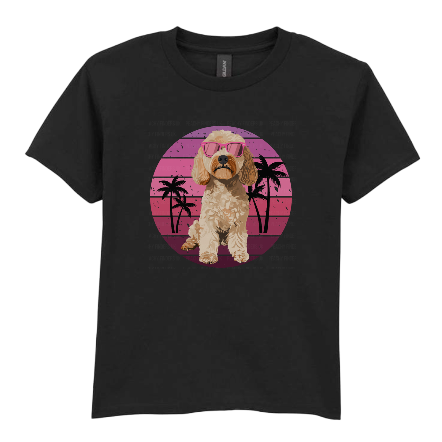 Kids black t-shirt featuring summer cockapoo in pink sunglasses with retro sunset and palm trees.