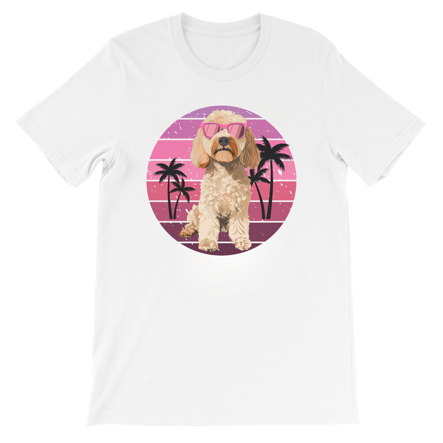 Kids Cockapoo T-shirt in white cotton featuring sunglasses dog and retro palm tree summer themed background design