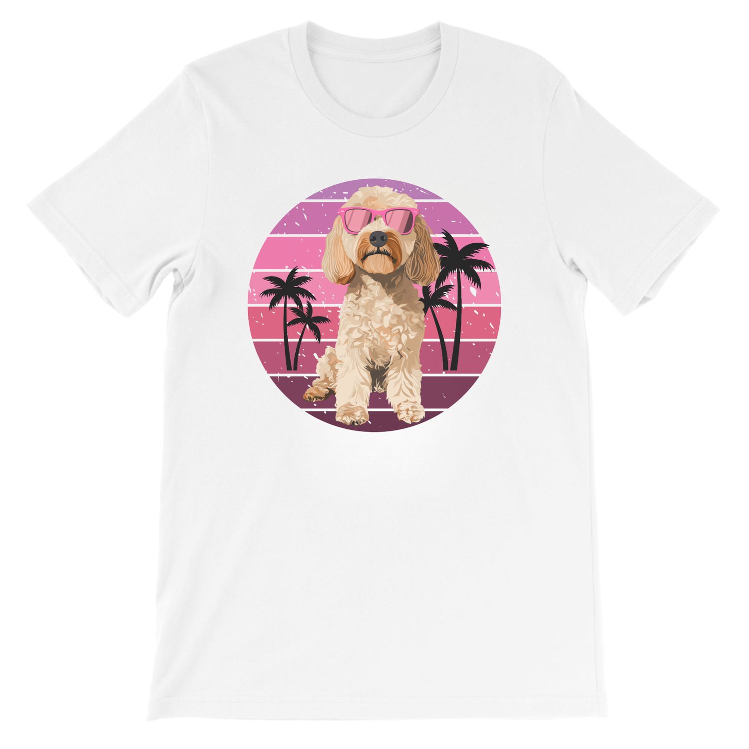 Kids Cockapoo T-shirt in white cotton featuring sunglasses dog and retro palm tree summer themed background design