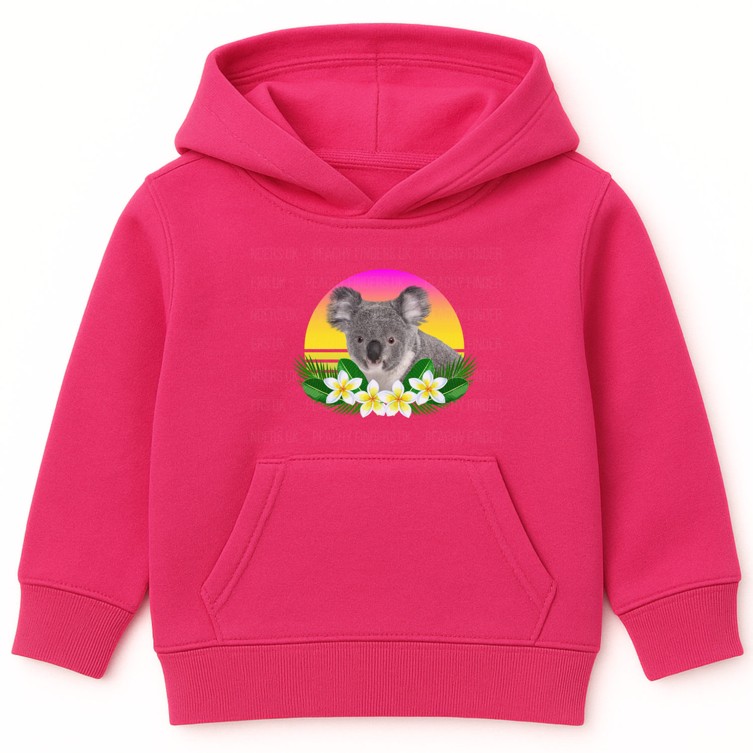 Girls hot pink pullover hoodie featuring a photorealistic koala with tropical flowers against a pink and yellow retro sunset background.