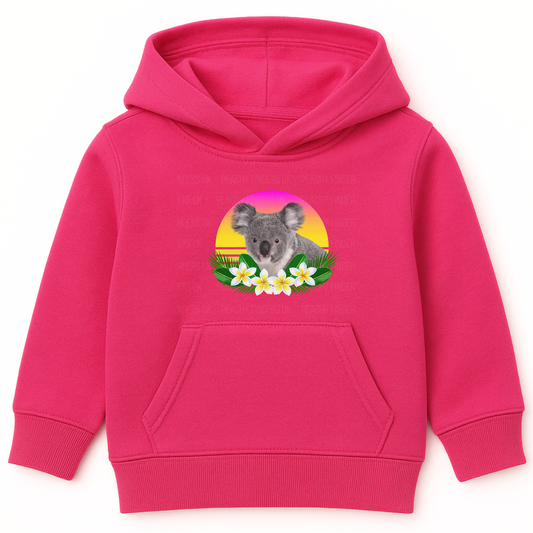 Girls hot pink pullover hoodie featuring a photorealistic koala with tropical flowers against a pink and yellow retro sunset background.