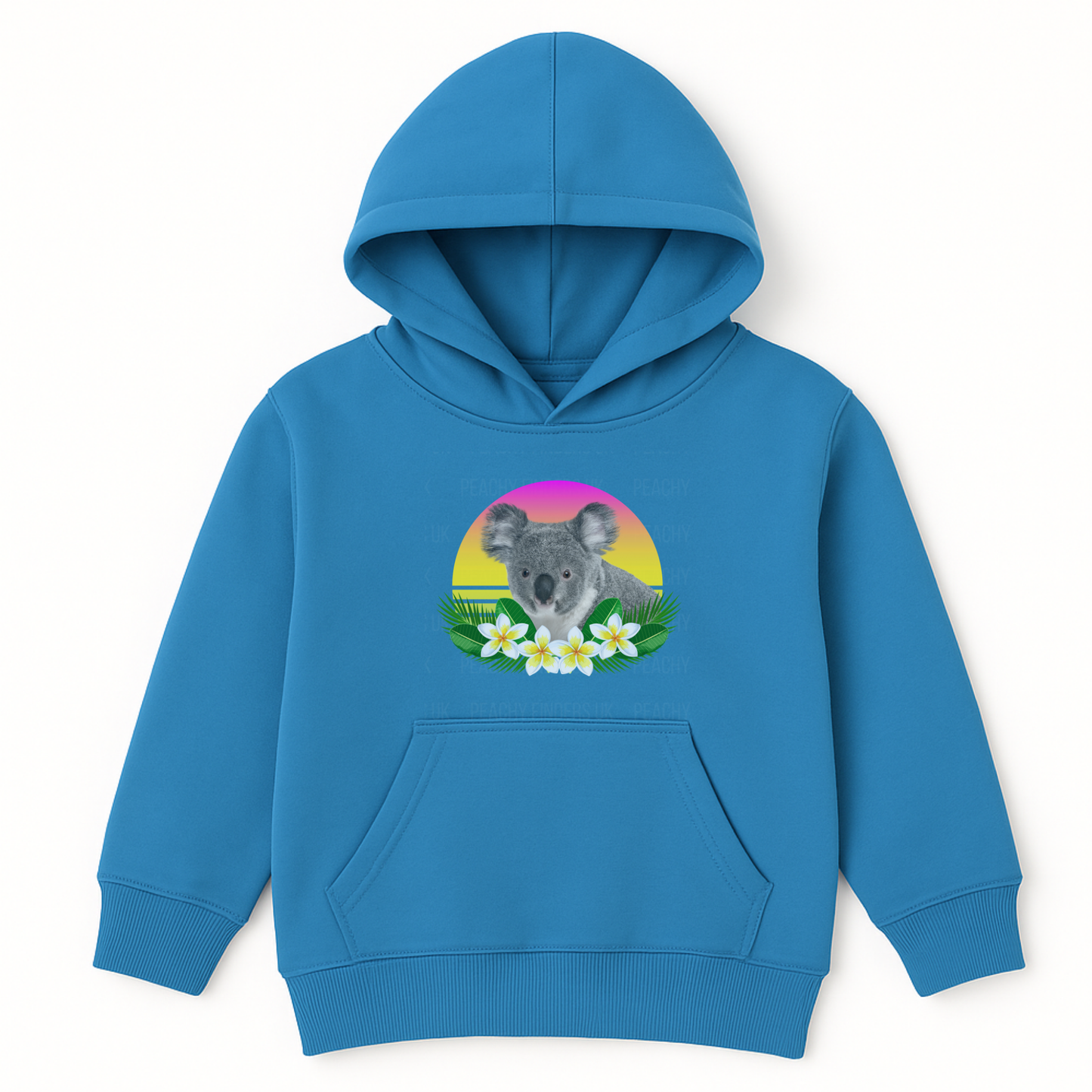 Girls sapphire blue pullover hoodie featuring a photorealistic koala with tropical flowers against a pink and yellow retro sunset background.