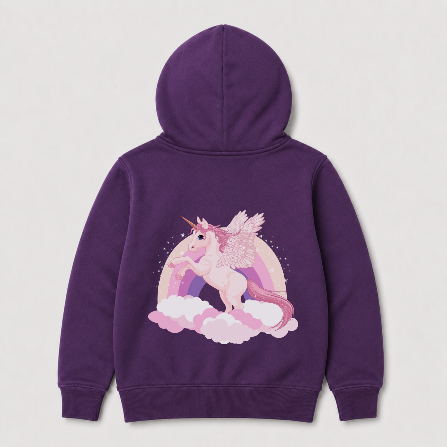 A purple children's hoodie shown from the back, featuring a large graphic of a pink winged unicorn standing on clouds in front of a pastel rainbow.
