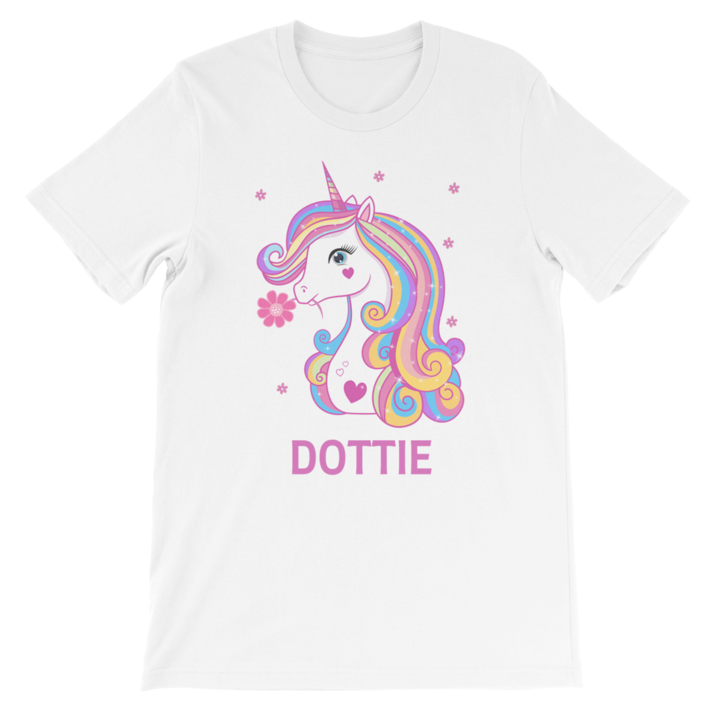 Girls personalised unicorn t-shirt with name “Dottie” on white kids tee, colourful rainbow unicorn graphic with floral details