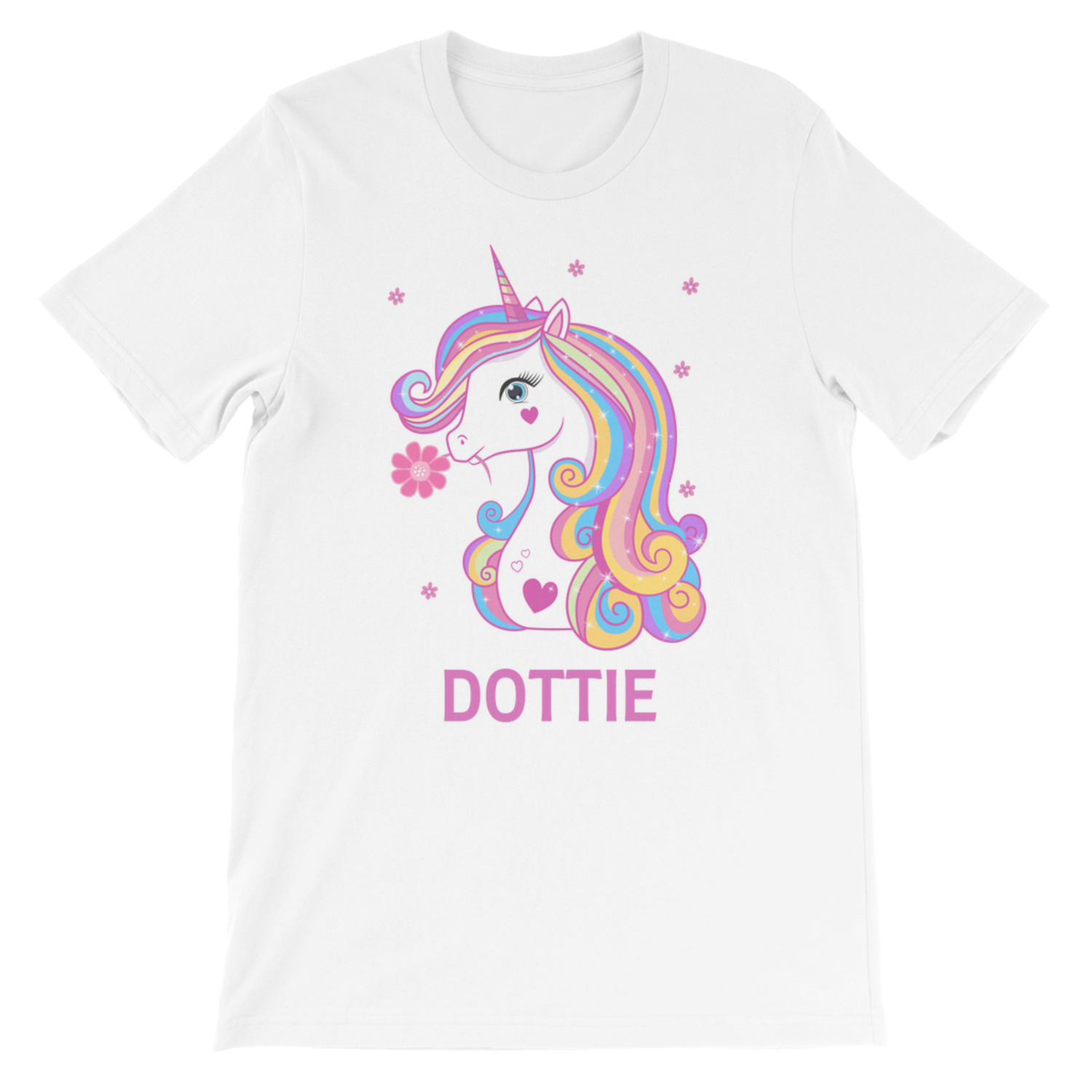 Girls personalised unicorn t-shirt with name “Dottie” on white kids tee, colourful rainbow unicorn graphic with floral details