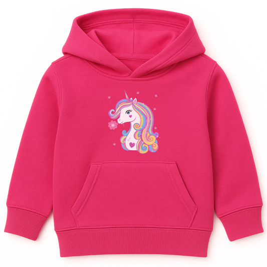 Hot pink girls hoodie featuring a pastel unicorn with a rainbow mane and a pink flower by its mouth, surrounded by delicate flower accents, displayed on a white background.