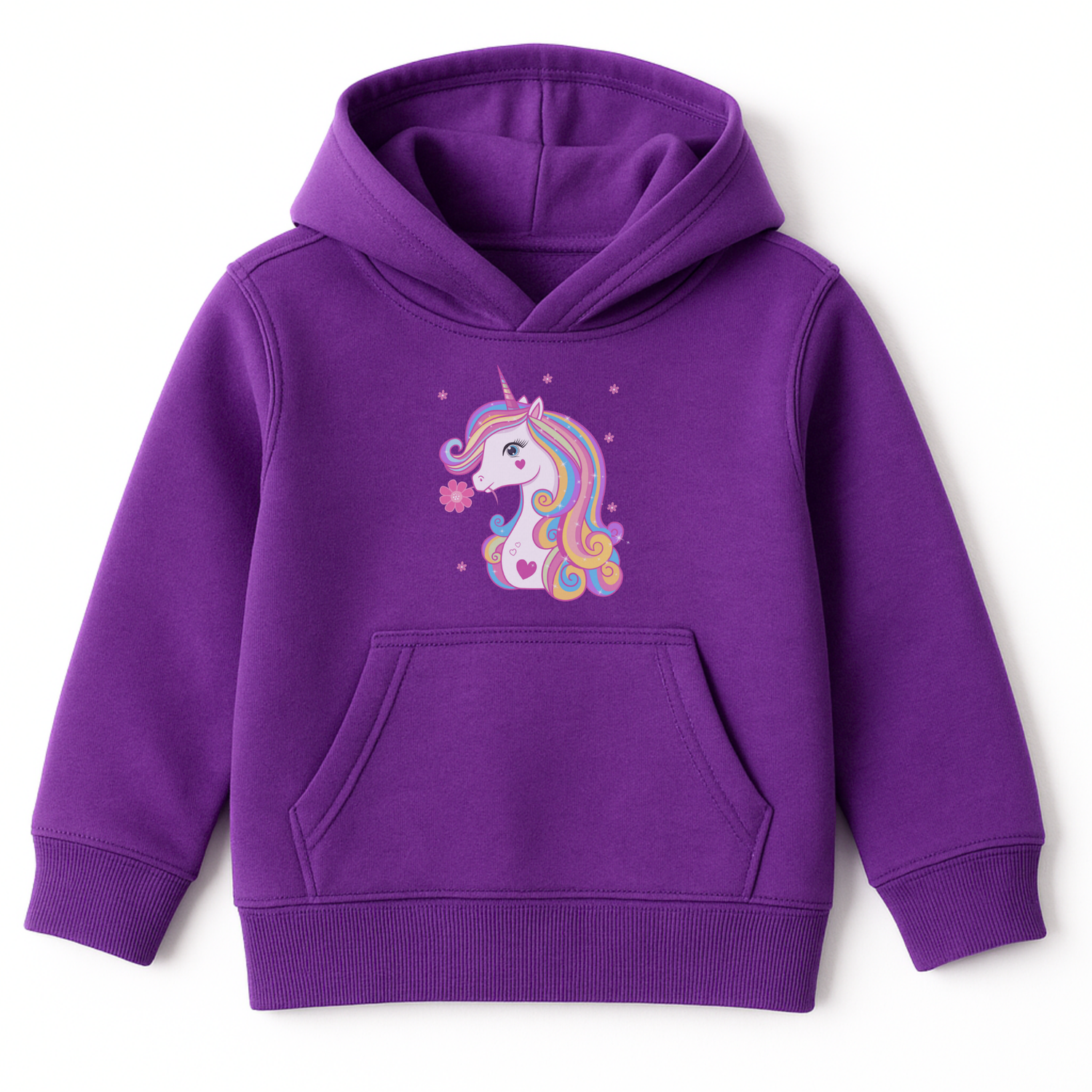 Purple girls hoodie featuring a pastel unicorn with a rainbow mane and a pink flower by its mouth, surrounded by delicate flower accents, displayed on a white background.