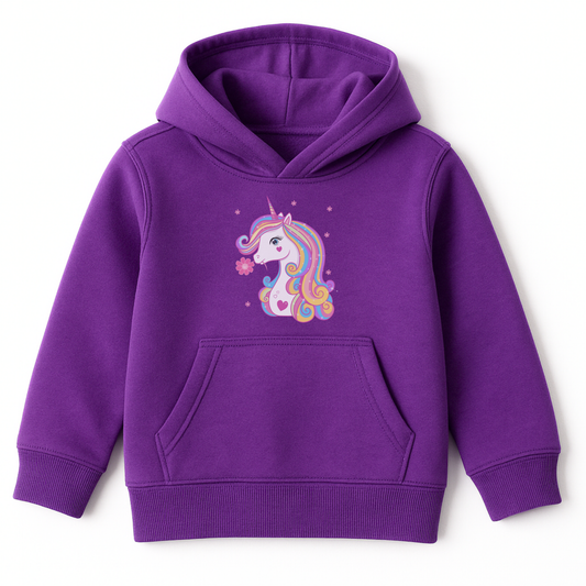Purple girls hoodie featuring a pastel unicorn with a rainbow mane and a pink flower by its mouth, surrounded by delicate flower accents, displayed on a white background.