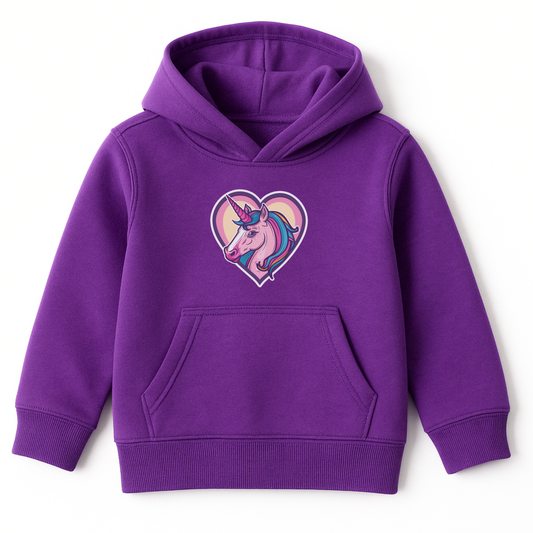 Girls purple hoodie featuring a colourful unicorn inside a pink and yellow heart.