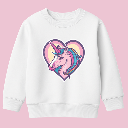 Girls white sweatshirt featuring a colourful unicorn inside a pink and yellow heart.