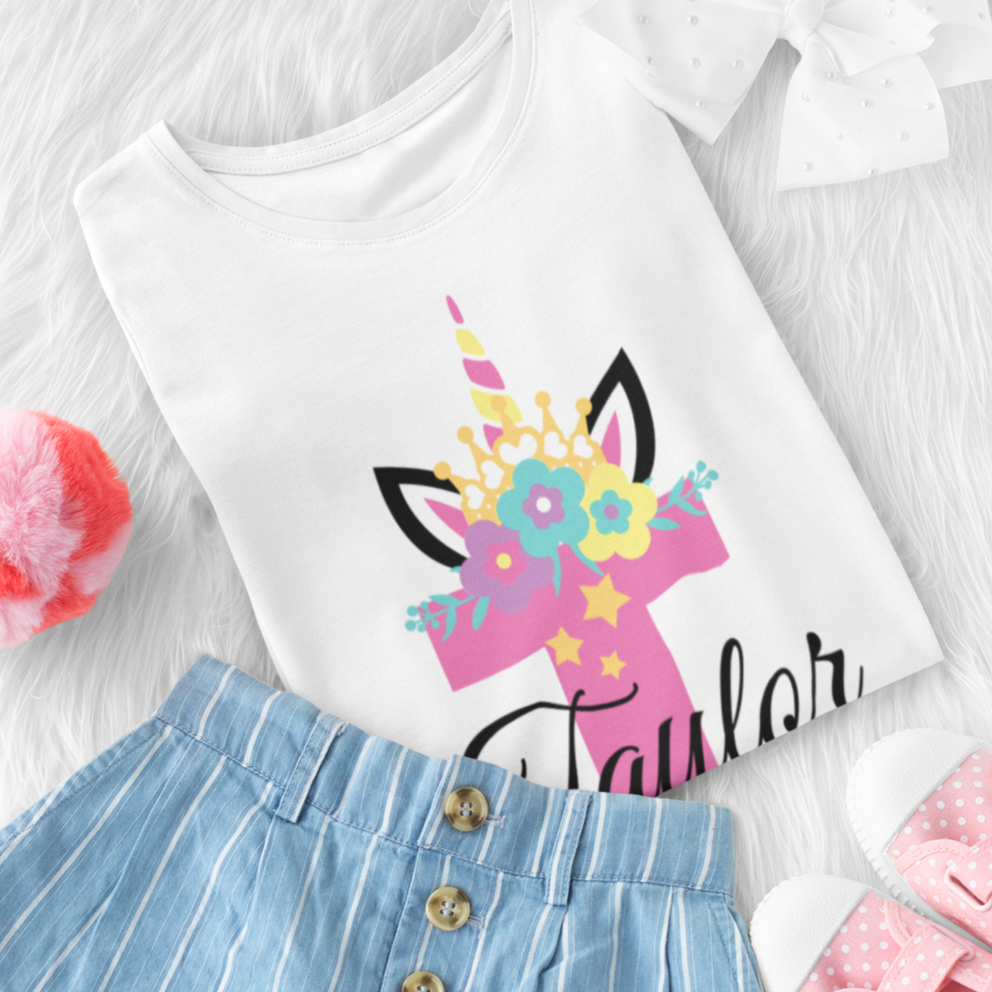 Girls Customisable Unicorn Initial and Name T-shirt | 3 - 13 years