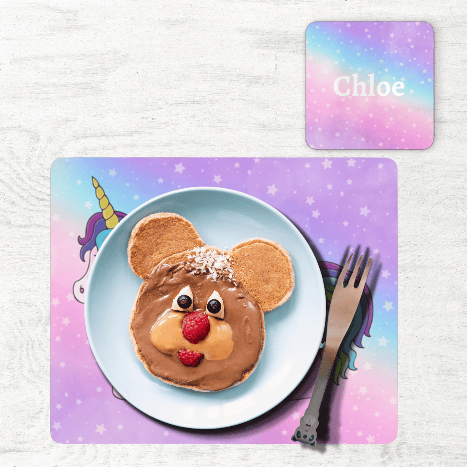 Kids Unicorn Mealtime Placemat with Custom Named Coaster