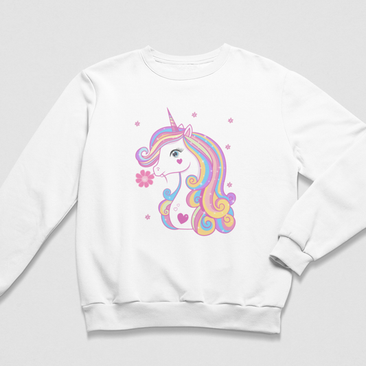 A girls white crewneck sweatshirt featuring a colourful pastel unicorn graphic on the front, set against a light grey background.