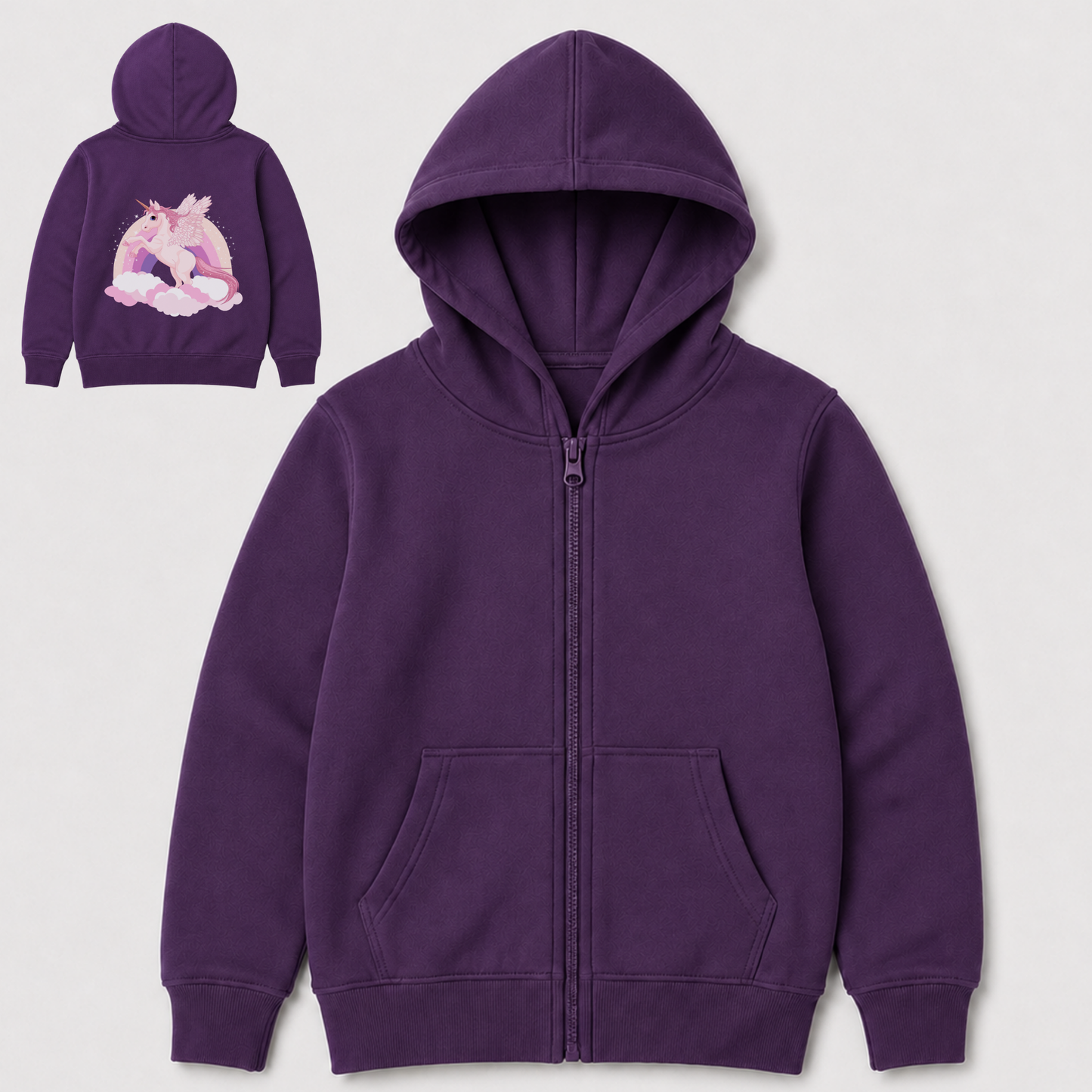 Rear view of a girl wearing a purple zip hoodie with a pink winged unicorn, pastel rainbow and clouds printed on the back; an inset shows the plain zipped front.