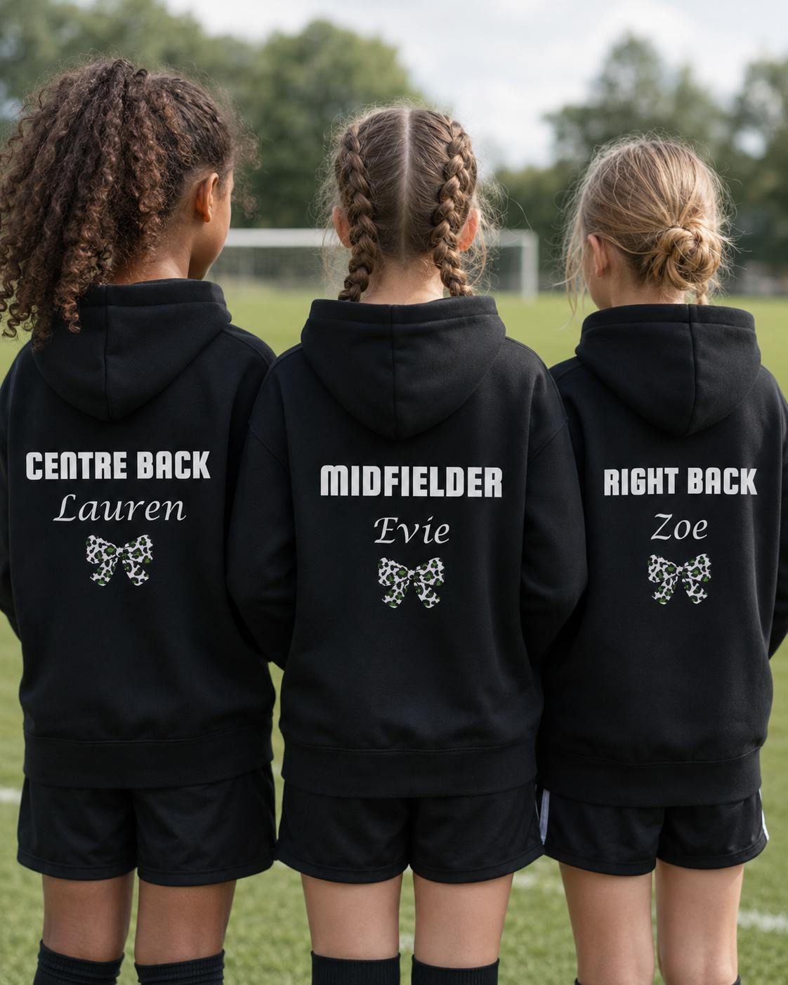 Three girls seen from behind wearing matching black custom-printed athletic hoodies on a grassy sports field. The back of each hoodie features white text naming their position and name ('CENTRE BACK Lauren', 'MIDFIELDER Evie', 'RIGHT BACK Zoe') above a green and white bow graphic.