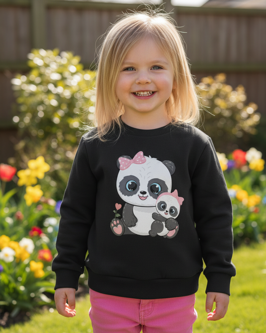 Girl wearing black panda sweatshirt with mum and baby panda print outdoors in garden, cute kids animal sweater