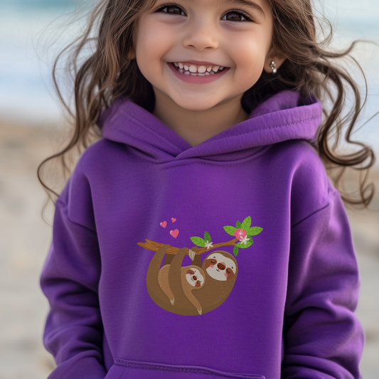 Smiling young girl wearing a purple hoodie with two cute sloths cuddling hanging from a branch surrounded by pink hearts and flowers, standing on a beach