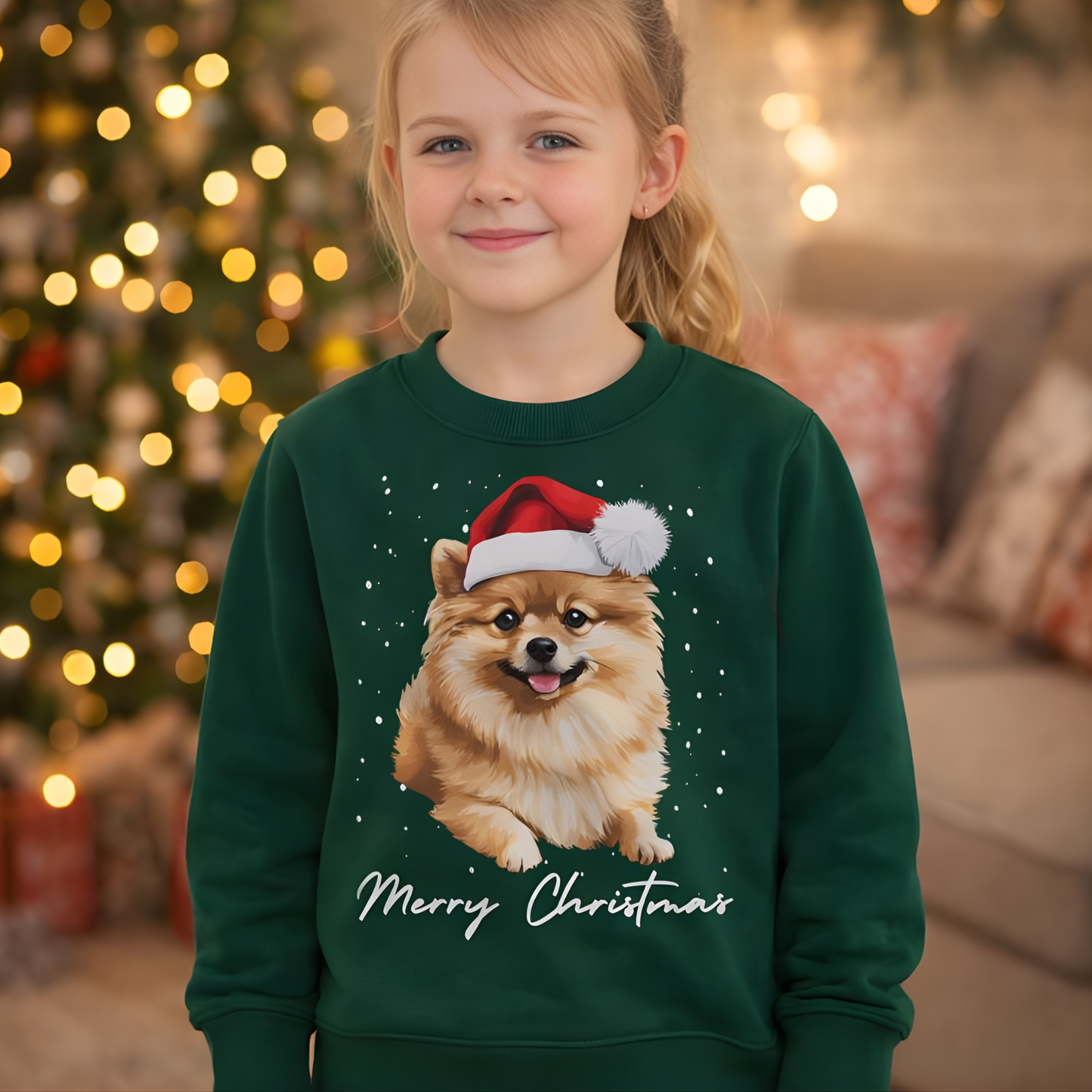 Girl wearing a dark green kids Christmas sweatshirt with pomeranian dog Santa design indoors