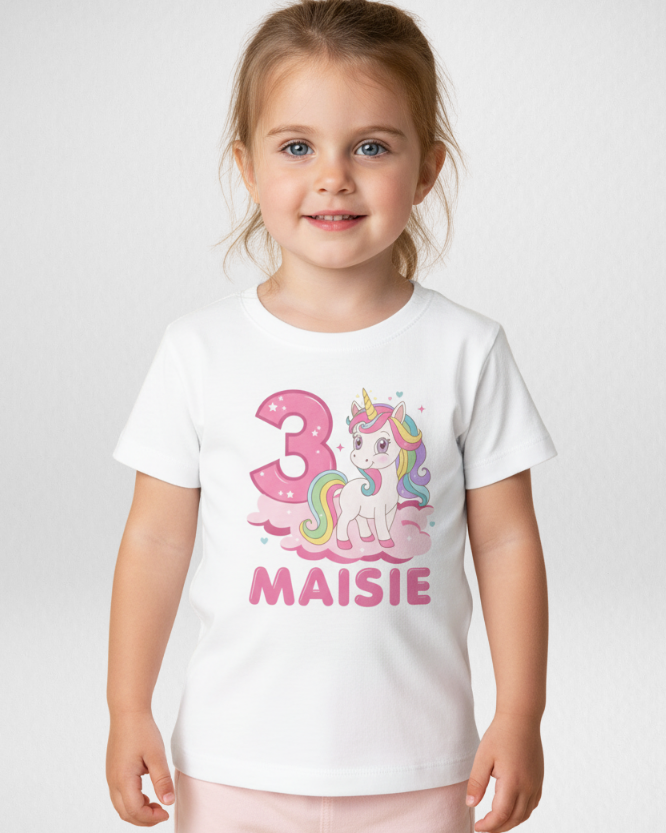 Girls personalised 3rd birthday unicorn t-shirt Maisie, white kids unicorn birthday shirt worn by child in studio, pastel rainbow unicorn design