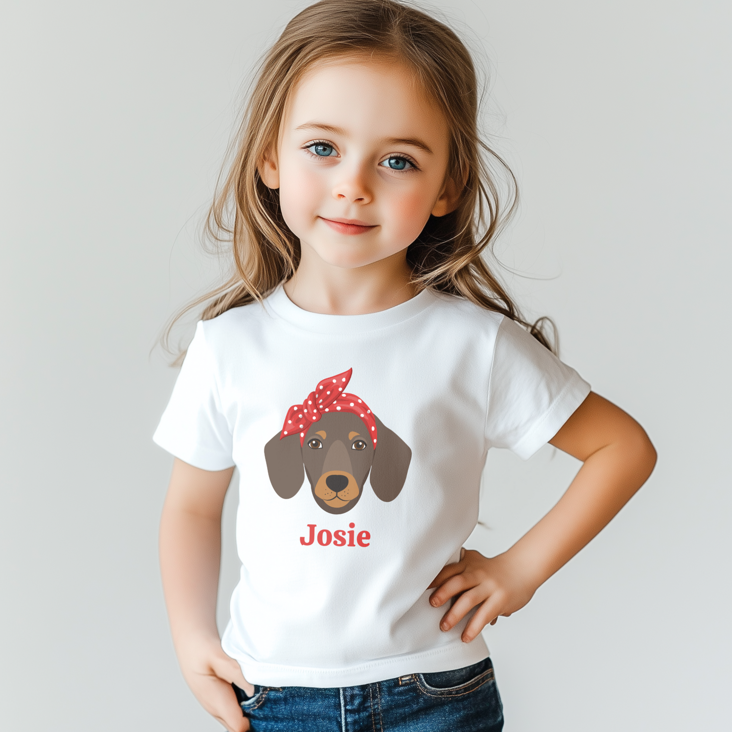Girl wearing a white personalised dachshund t-shirt with red polka dot bandana and custom name underneath