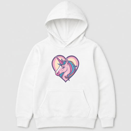 A girls white pullover hoodie featuring a colourful graphic of a unicorn inside a heart on the chest, displayed against a light grey background.