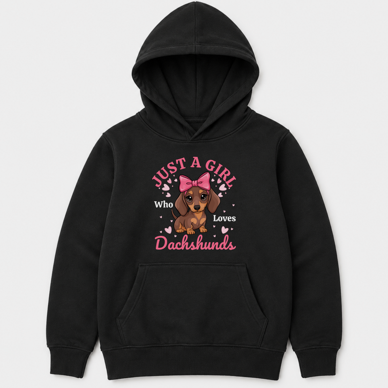 Black dachshund hoodie for girls with a bow-wearing puppy, pink hearts and “Just a Girl Who Loves Dachshunds” design.